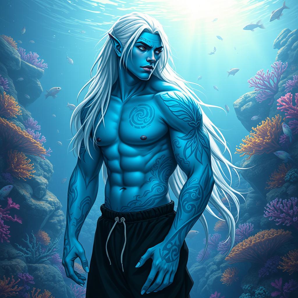 A male Simic Hybrid with Vedalken heritage, featuring a robust physique and depicted without a shirt, showcasing his strong build