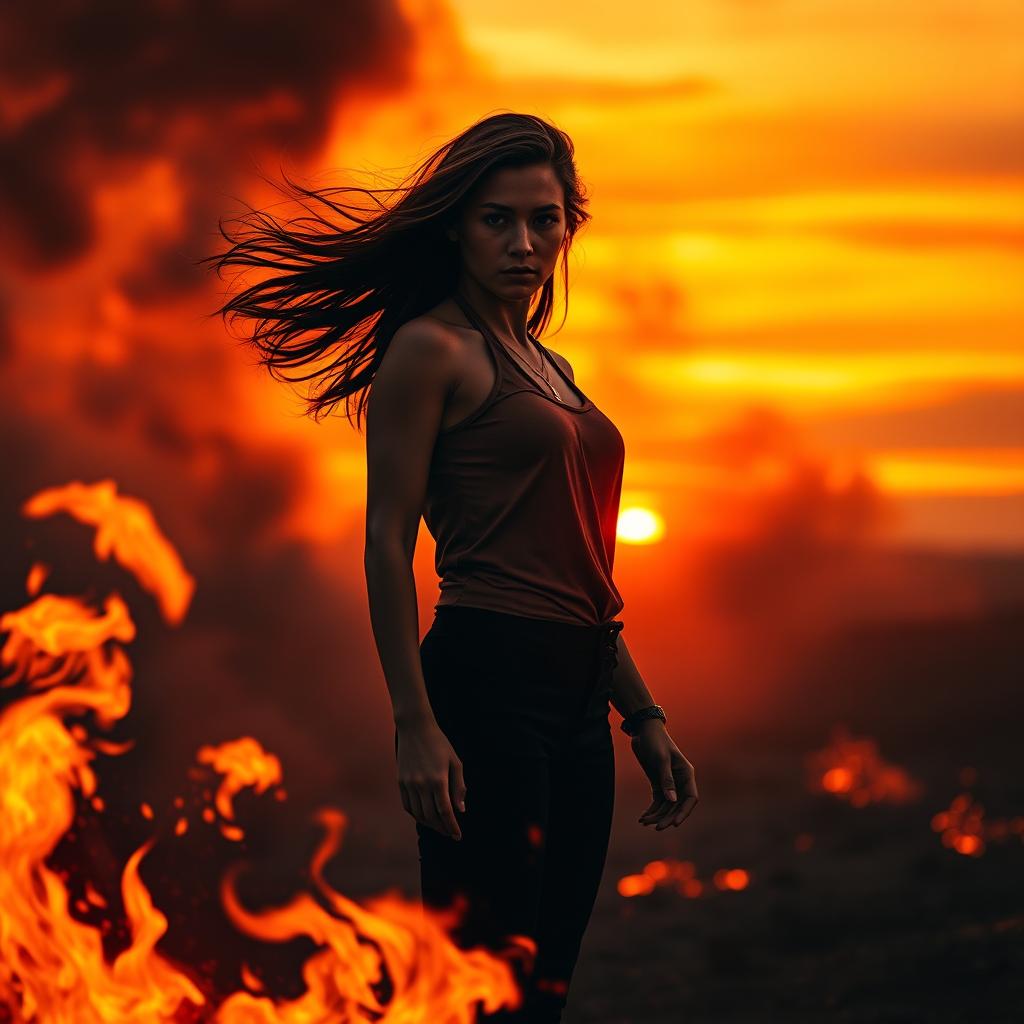 A dramatic scene portraying a woman standing confidently in a fiery landscape, with flames surrounding her, symbolizing empowerment and strength