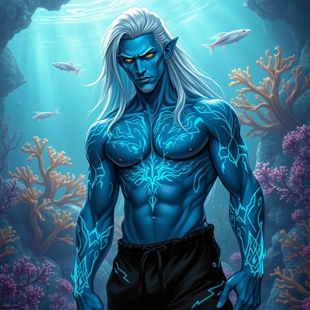 A muscular male Simic Hybrid derived from Vedalken heritage, portrayed without a shirt, showcasing his well-defined physique