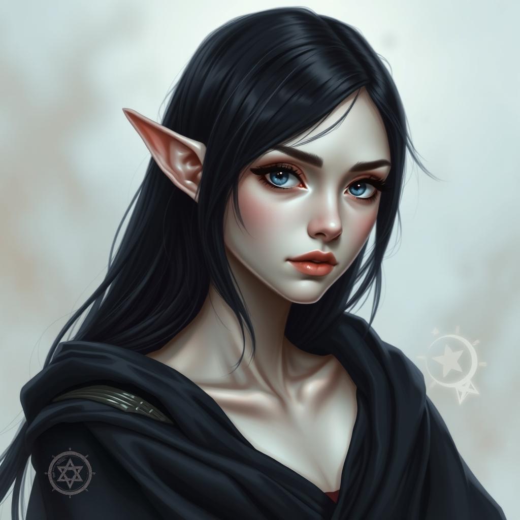 A detailed portrait of a female elf with pale skin and striking black shoulder-length hair