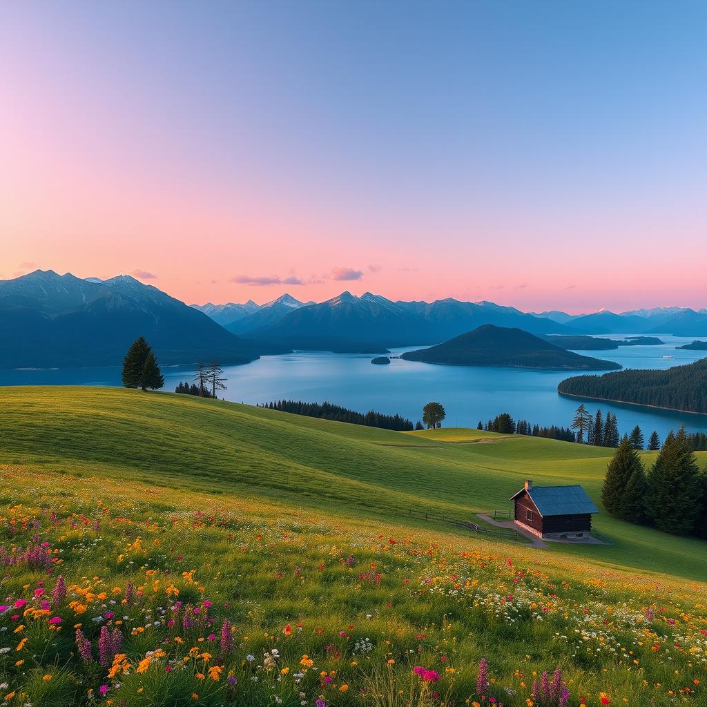 A breathtaking scenic landscape featuring a vast rolling hill with a lush green meadow, vibrant wildflowers scattered throughout, and a serene lake reflecting the clear blue sky