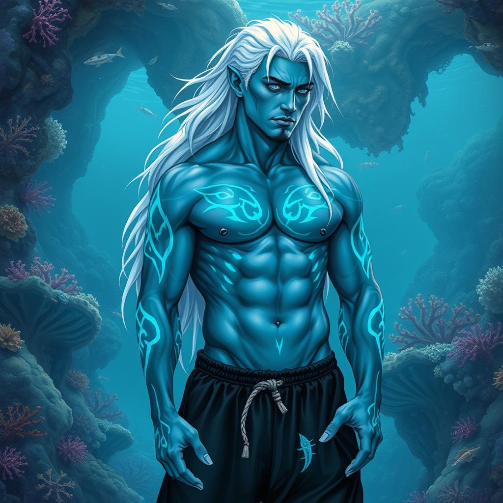 A strong, muscular male Simic Hybrid with Vedalken ancestry, depicted without a shirt to highlight his robust physique