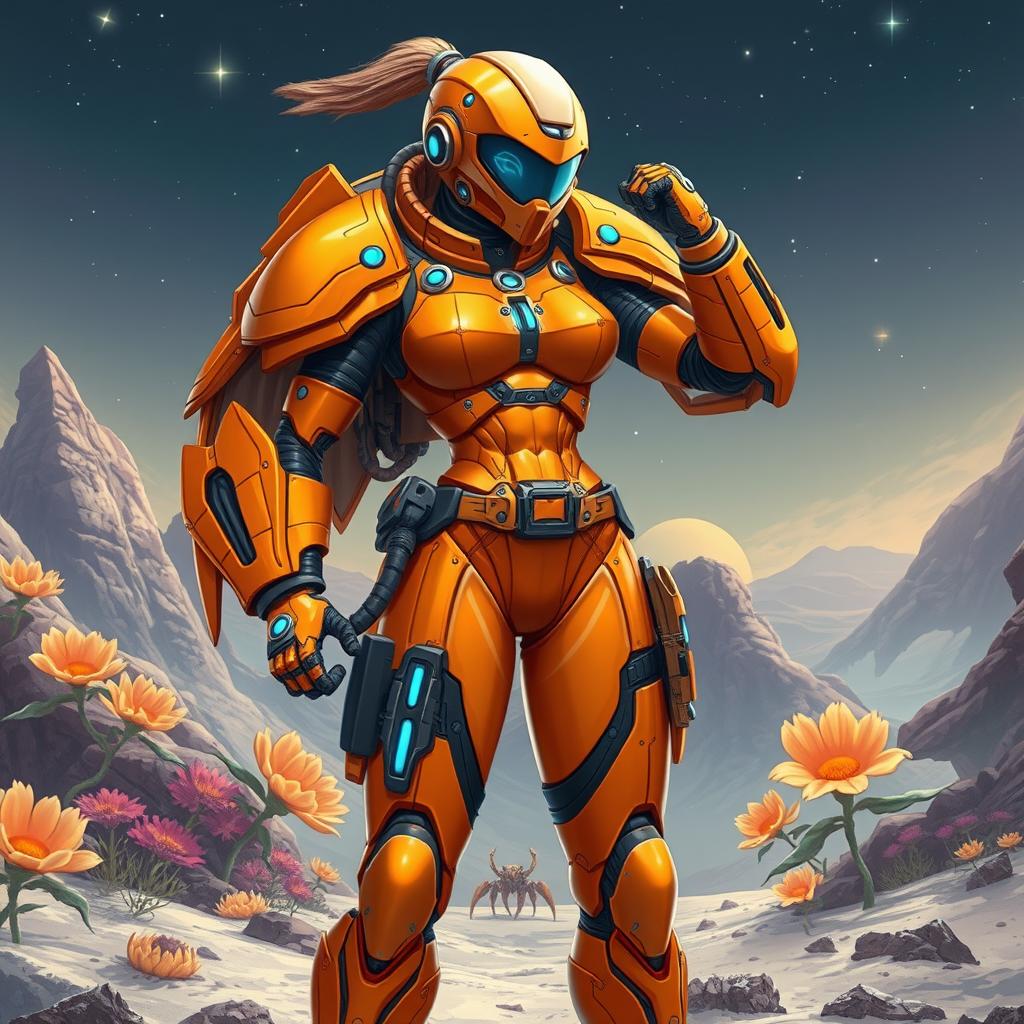 A female sci-fi warrior character inspired by classic video game aesthetics, resembling a strong, athletic figure in a sleek, futuristic armor suit with a high-tech visor and robotic enhancements