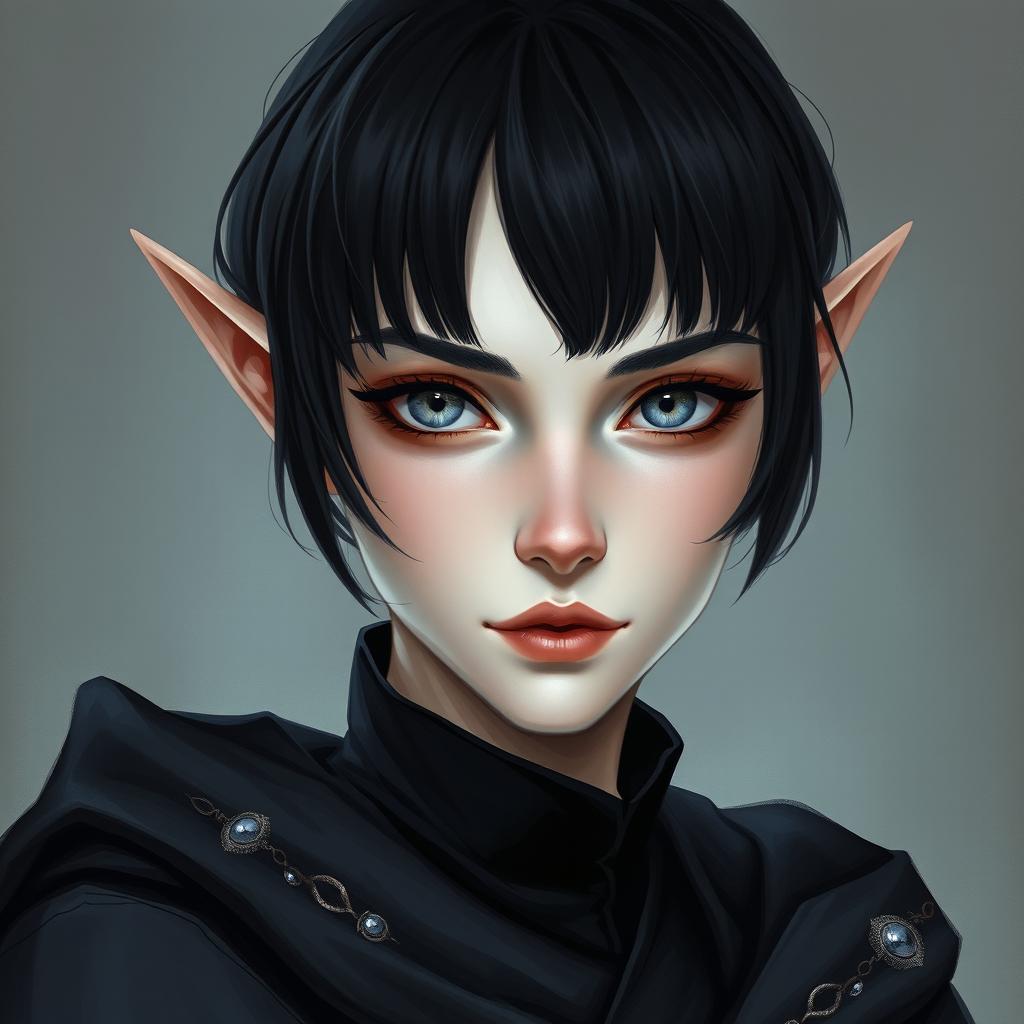 A detailed portrait of a female elf with pallid, pale skin