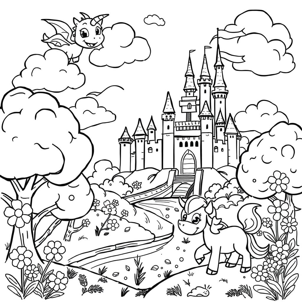 A whimsical black and white illustration for a coloring page aimed at children aged 3-10