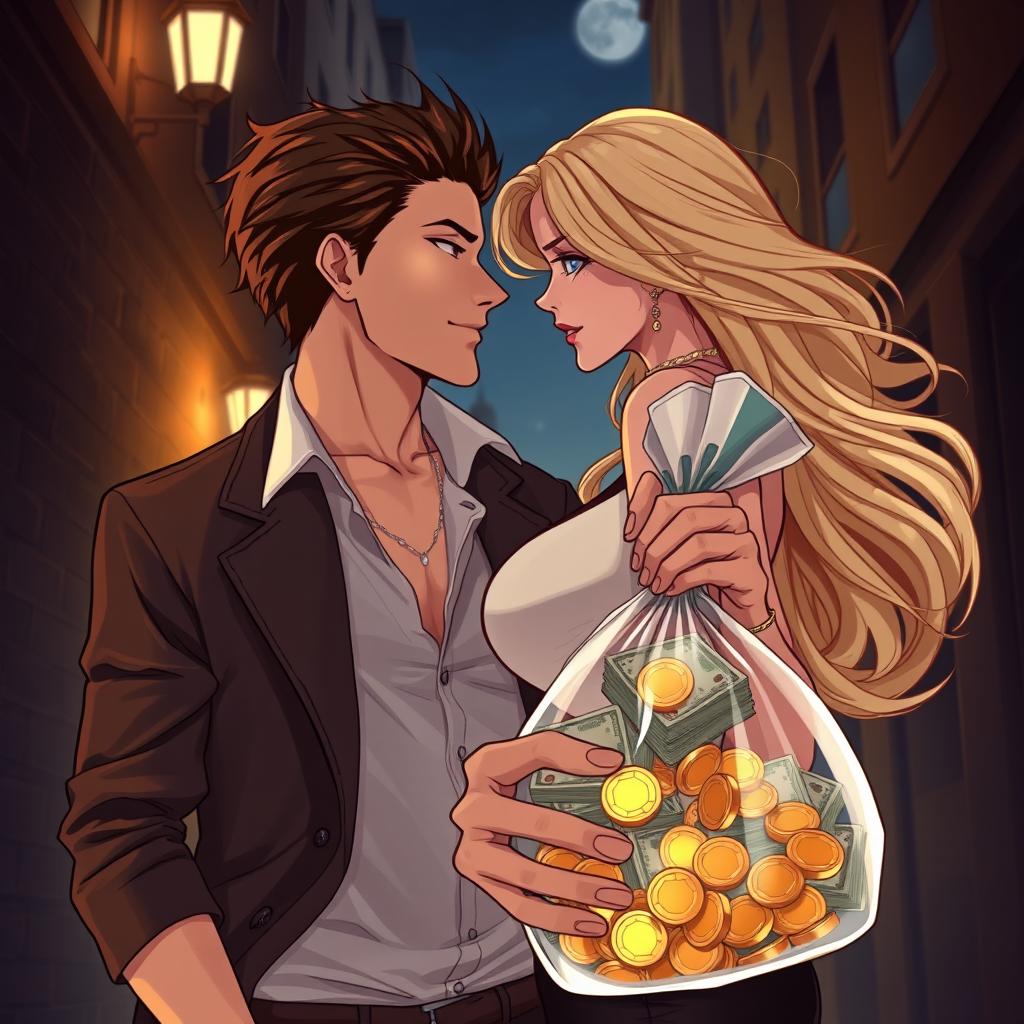 A dramatic illustration featuring a man with stylish brown hair and a woman with flowing blonde hair, passionately in love, standing together in a dimly lit alleyway