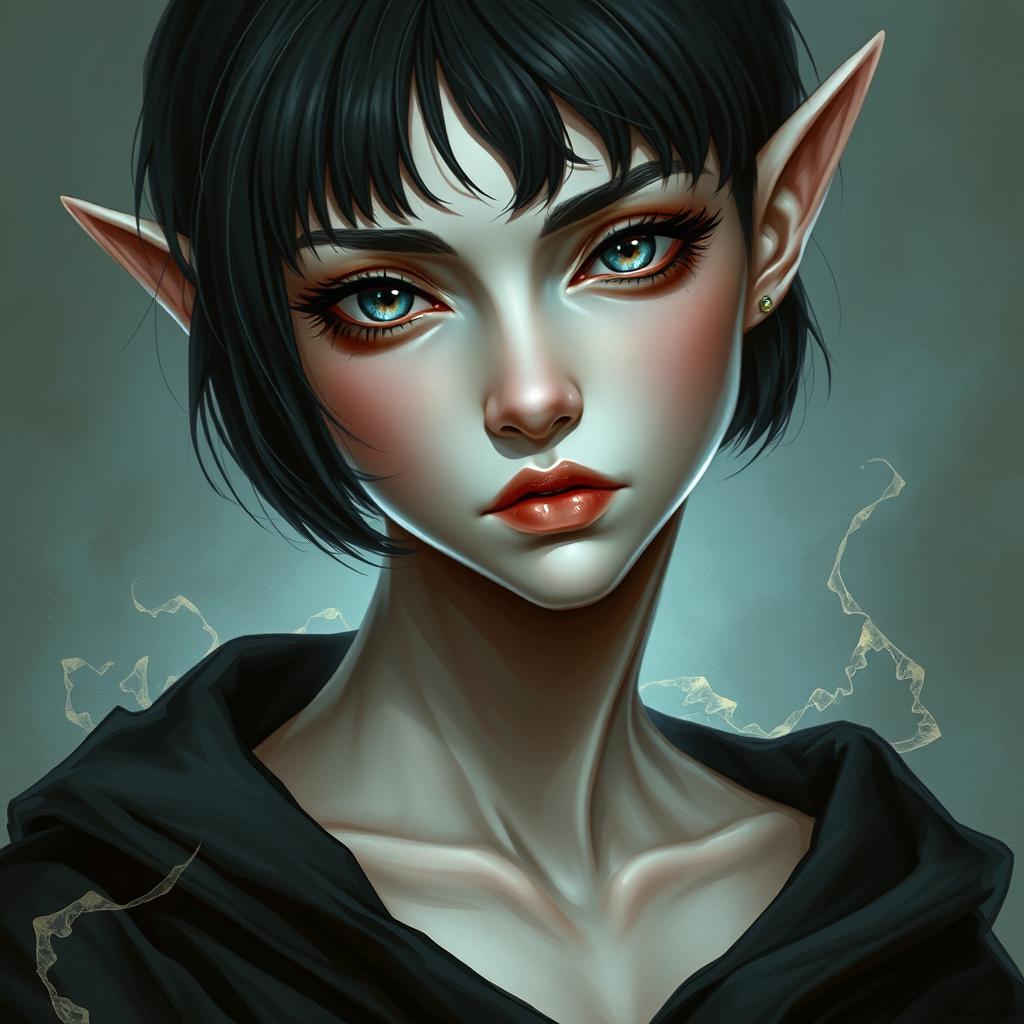 A detailed portrait of a female elf featuring pallid, pale skin that glows subtly