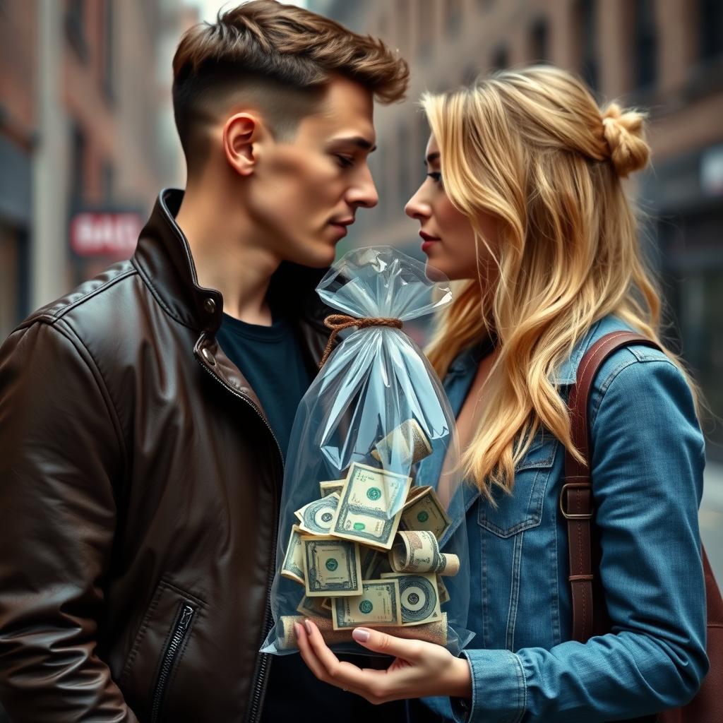 A realistic photo of a man with short brown hair and a woman with long blonde hair, both appearing in love, standing close together