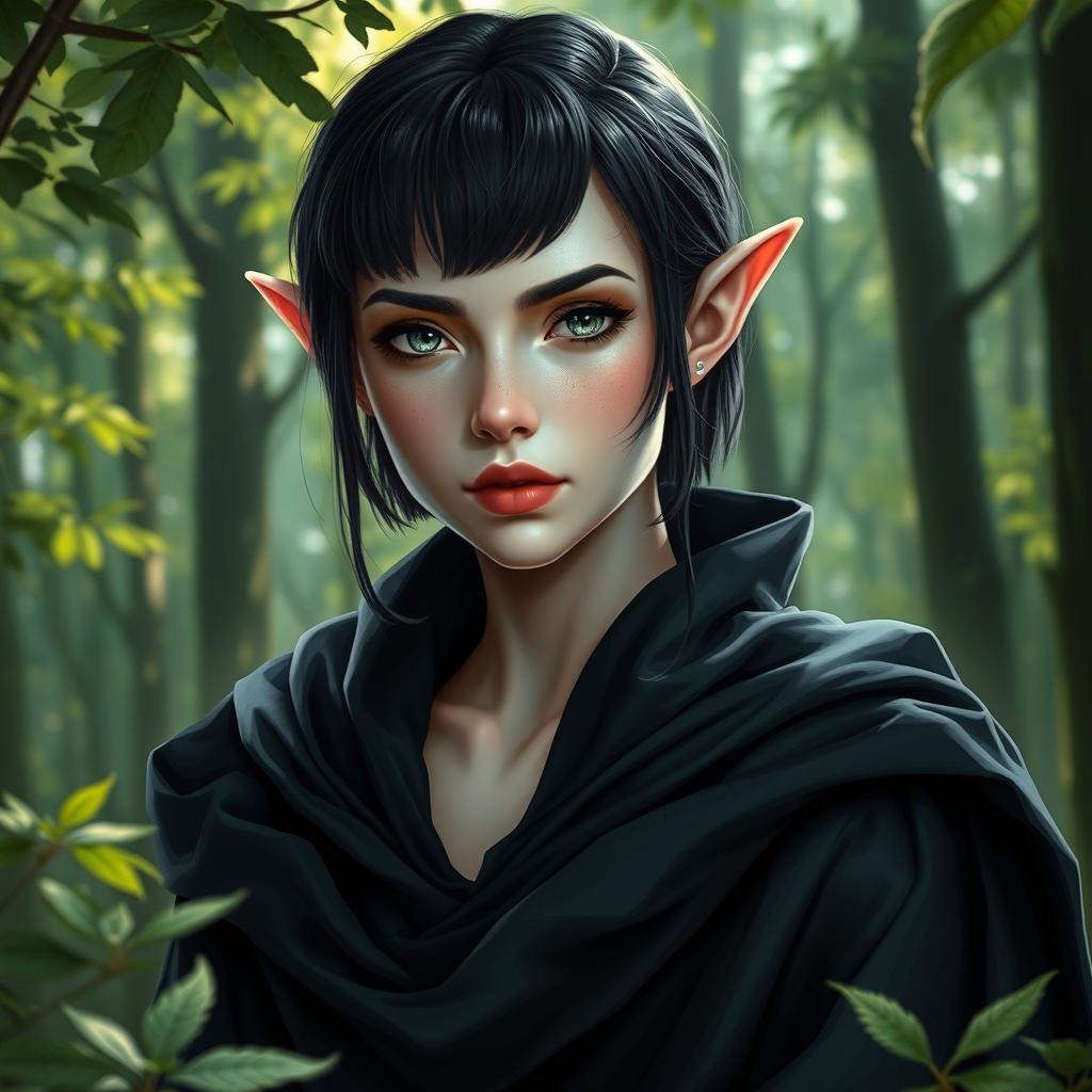 A detailed portrait of a female elf with pale skin that glows softly against a lush forest backdrop