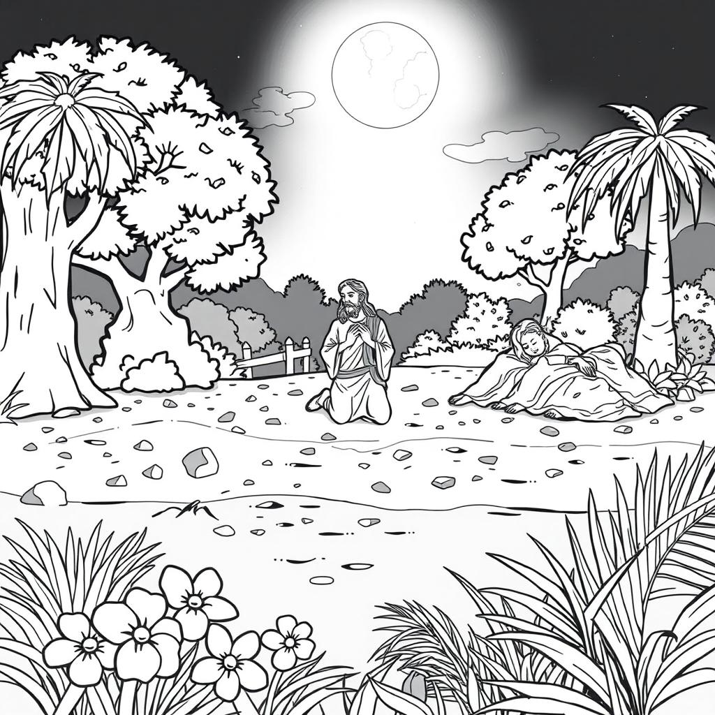 A depiction of Gethsemane featuring a serene garden scene in black and white, designed for a children's coloring book