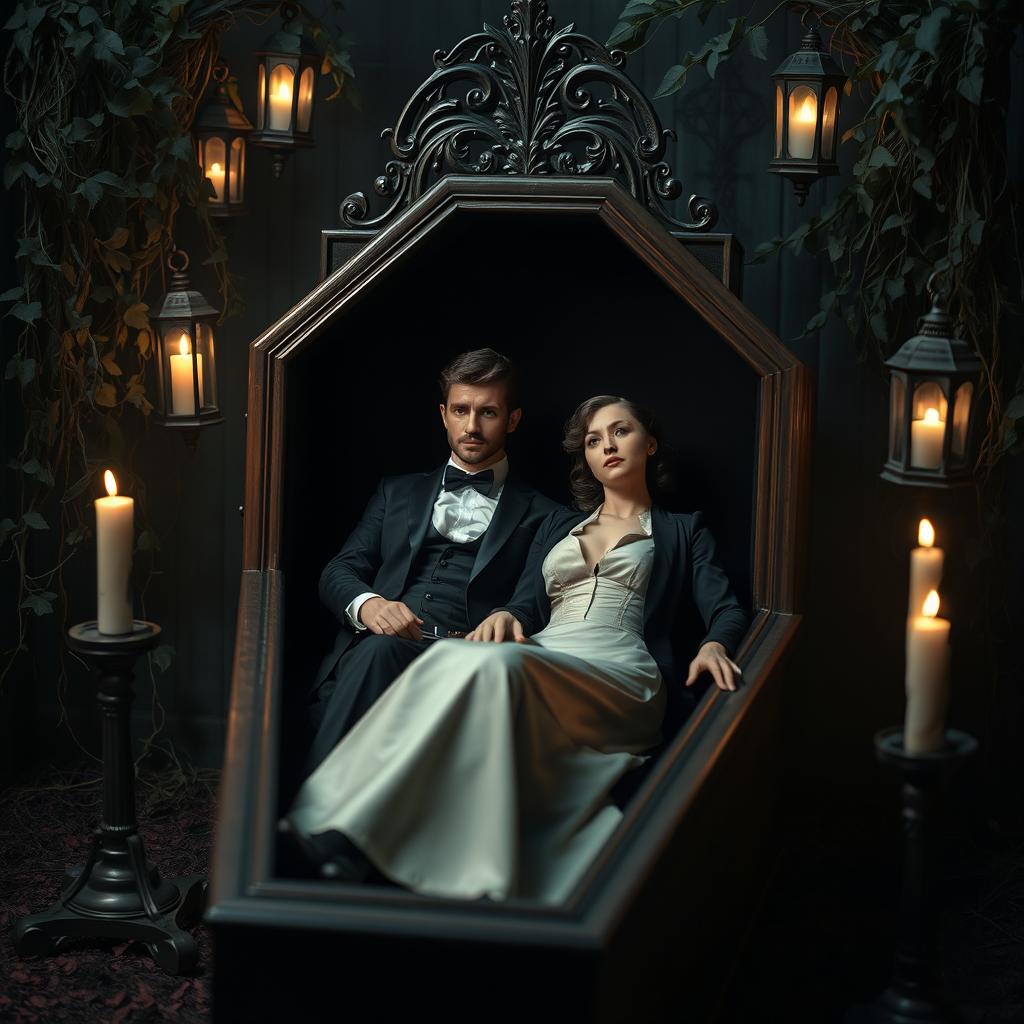 A dramatic and surreal scene featuring two adult figures elegantly positioned inside an ornate wooden coffin