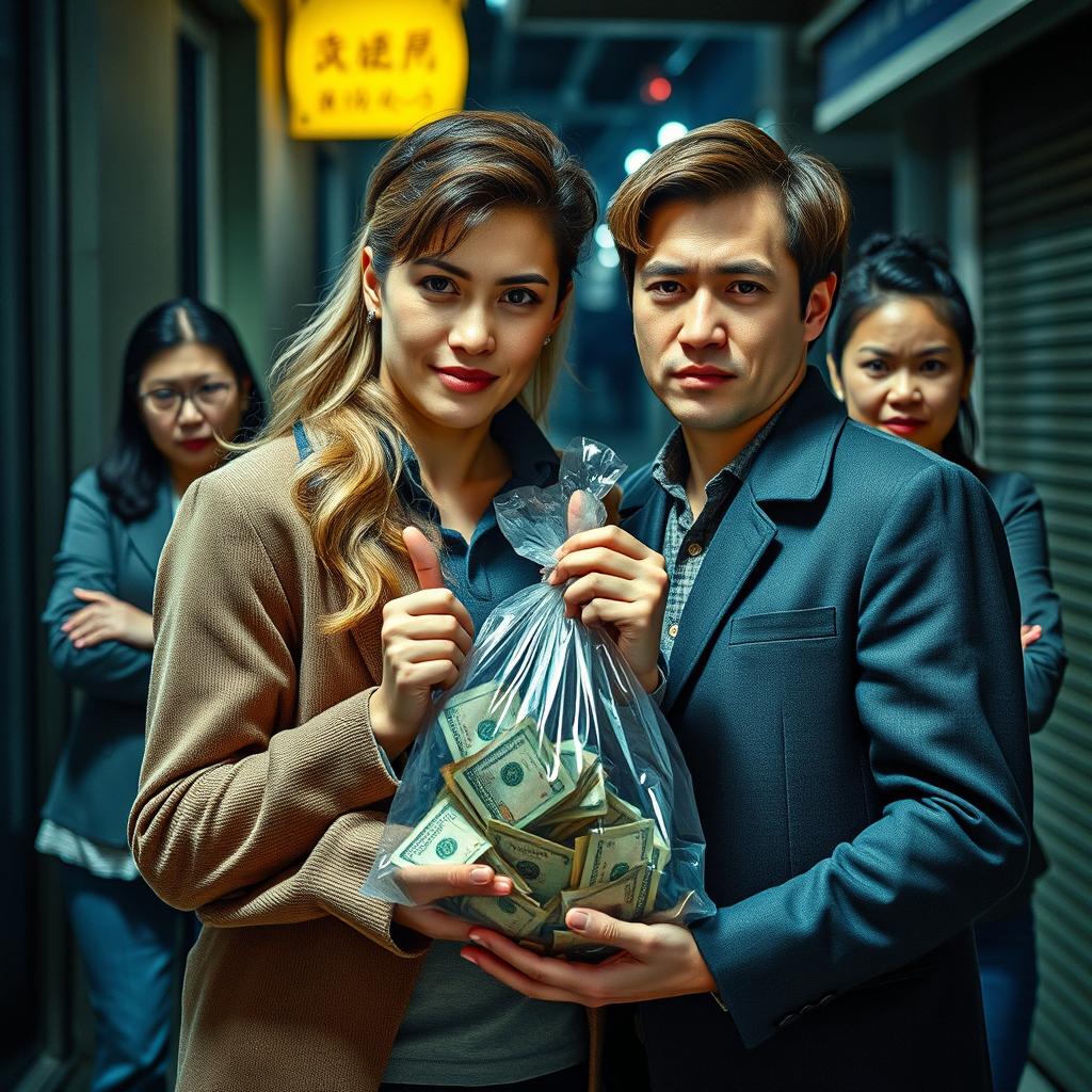 A realistic photograph of a couple who are thieves in love; a man with brown hair and a woman with blonde hair standing together, holding a transparent money bag filled with cash