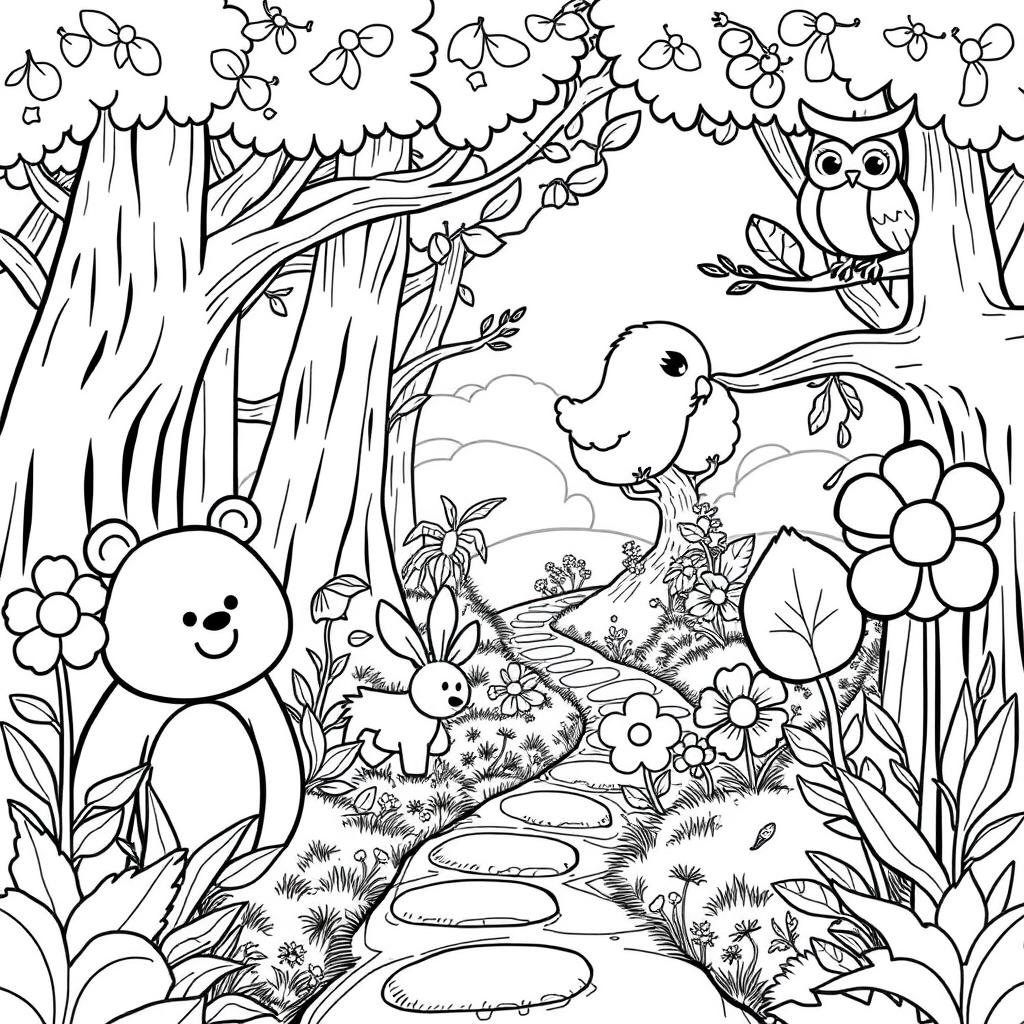 A whimsical black and white illustration for a coloring book aimed at children aged 3 to 10