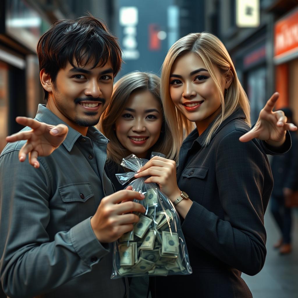A realistic photograph of a couple, portrayed as thieves in love; a man with brown hair and a woman with blonde hair standing closely together, holding a transparent money bag filled with cash