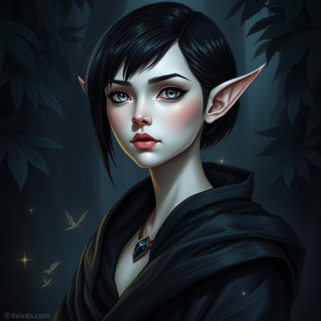 A detailed portrait of a female elf with pale skin that contrasts beautifully with the shadows of a dark forest backdrop