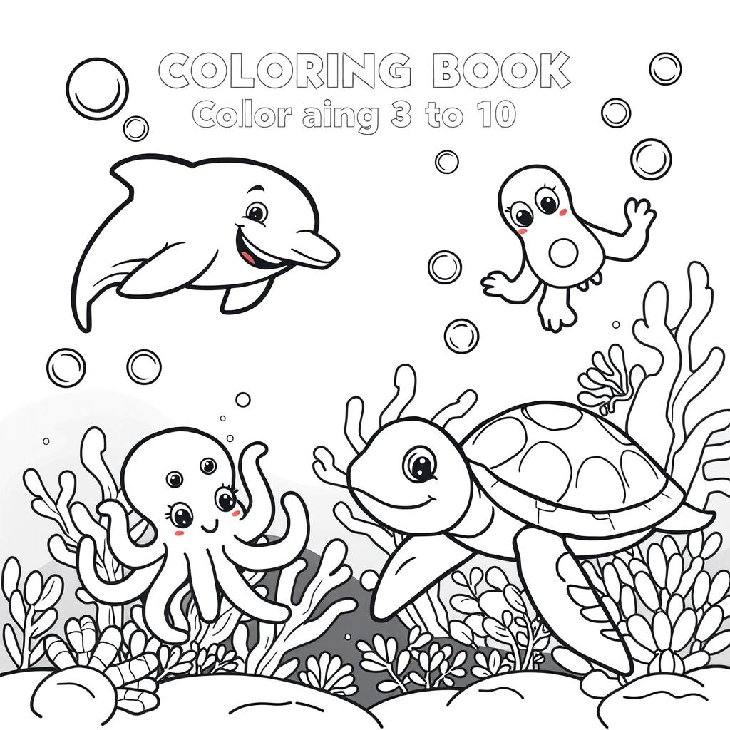 A charming black and white illustration for a coloring book designed for children aged 3 to 10