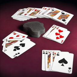 An image of five playing cards on a poker table, face-up, forming a dramatic river. The cards should consist of a 10 of hearts, a jack of diamonds, a queen of spades, a king of clubs, and an ace of hearts, depicting a royal flush.