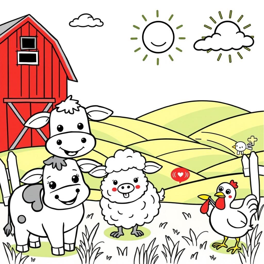 An adorable black and white illustration for a coloring book designed for children aged 3 to 10