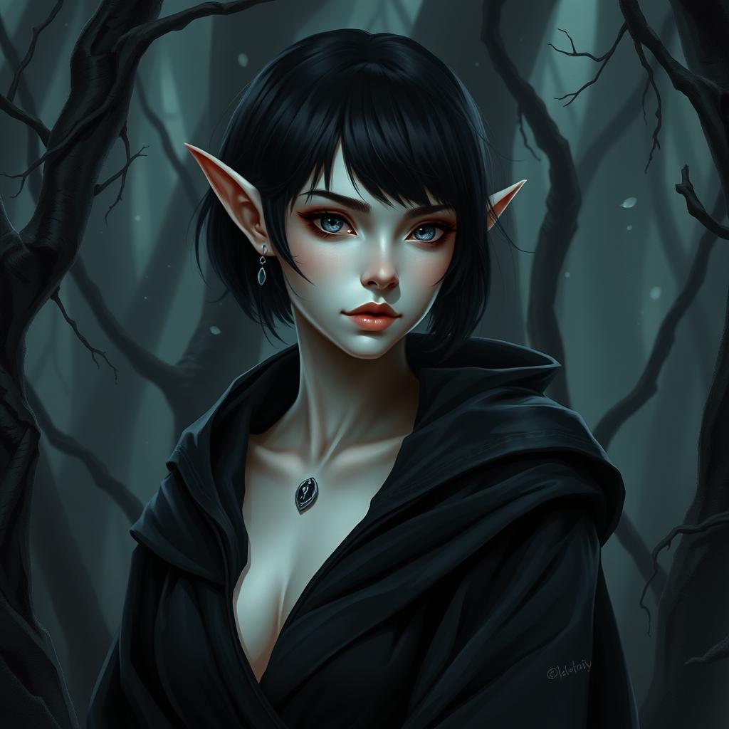 A detailed portrait of a female elf with delicate pale skin that seems luminous against the shadows of a dark forest