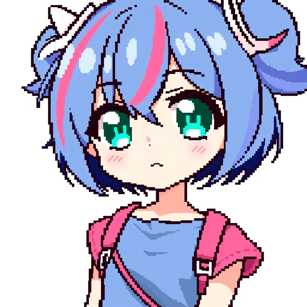 A 26x20 pixel art image of an anime girl, featuring big expressive eyes, vibrant colored hair, and a cute expression