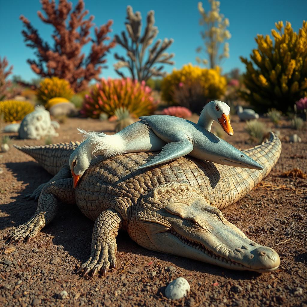 A surreal and imaginative scene featuring a dead crocodile lying on the ground with a lifeless shark resting on its back