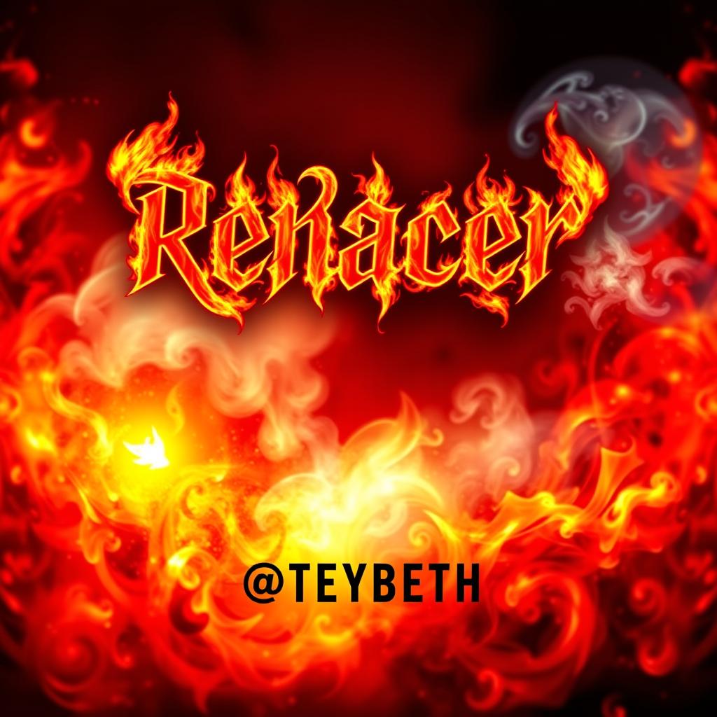 A vibrant and captivating music cover design featuring the word 'Renacer' prominently at the top in bold, eye-catching fiery letters, and '@TEYBETH' at the bottom in a similar striking style