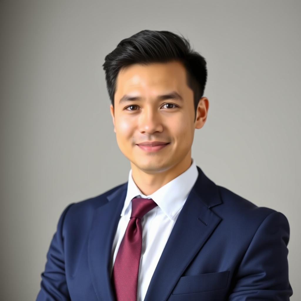 A professional headshot of a person in a sleek, tailored suit