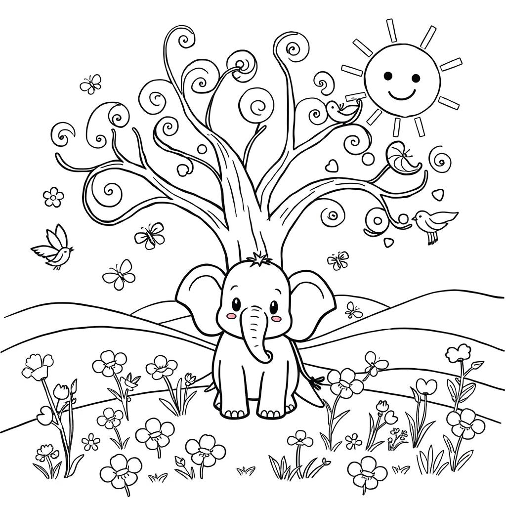 A whimsical black and white illustration for a coloring book designed for a 3-year-old child