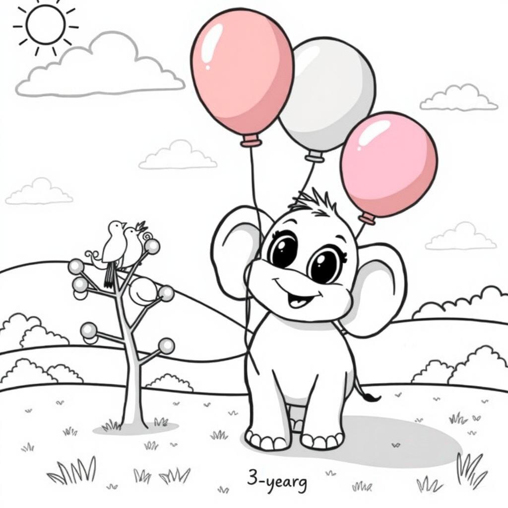 A whimsical black and white illustration suitable for a coloring book for a 3-year-old