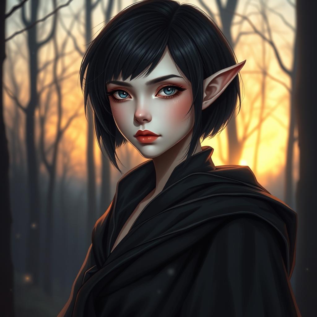 A detailed portrait of a female elf with pale skin radiating ethereal light against a forest backdrop at dusk