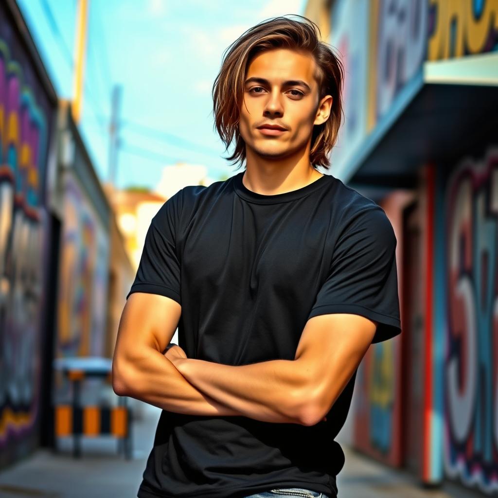 A stylish and modern black t-shirt worn casually by an adult in an urban setting
