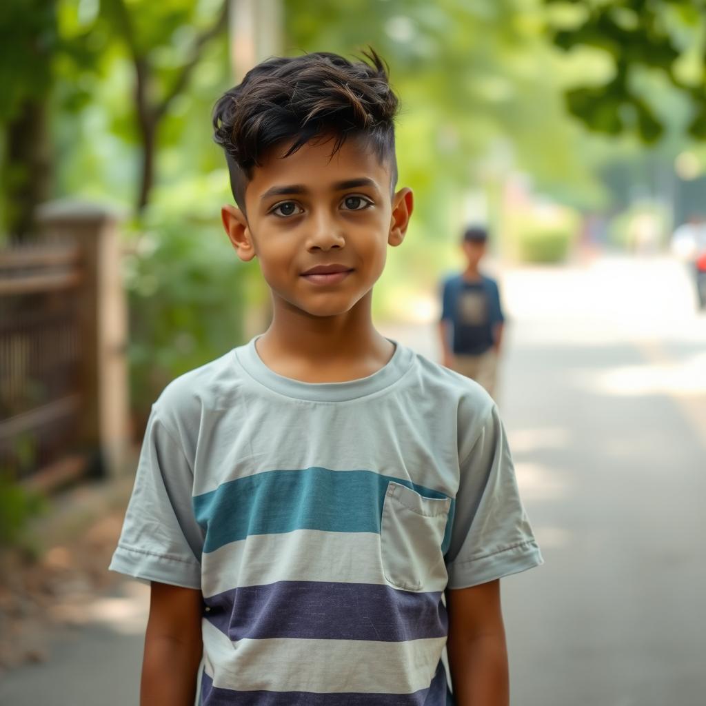 A boy standing in the same environment as the original image with the same clothes and angle
