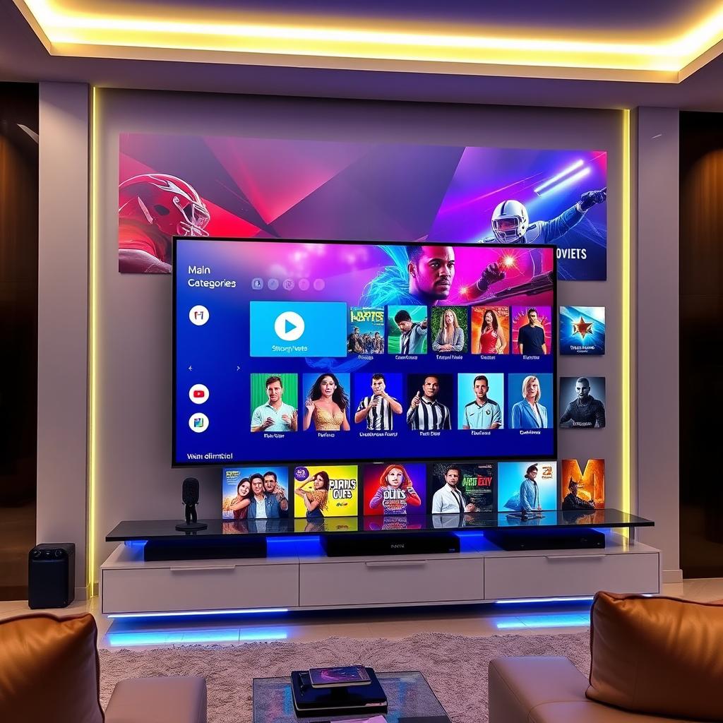 A vibrant and high-definition 4K IPTV interface showcasing a colorful and dynamic main menu with various channel categories