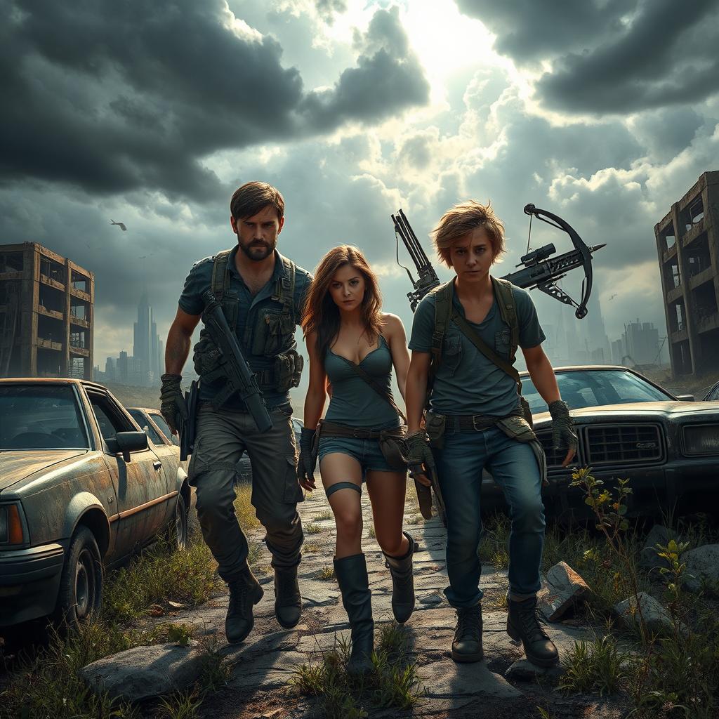 A post-apocalyptic scene depicting a group of survivors walking through a desolate urban landscape overrun by nature