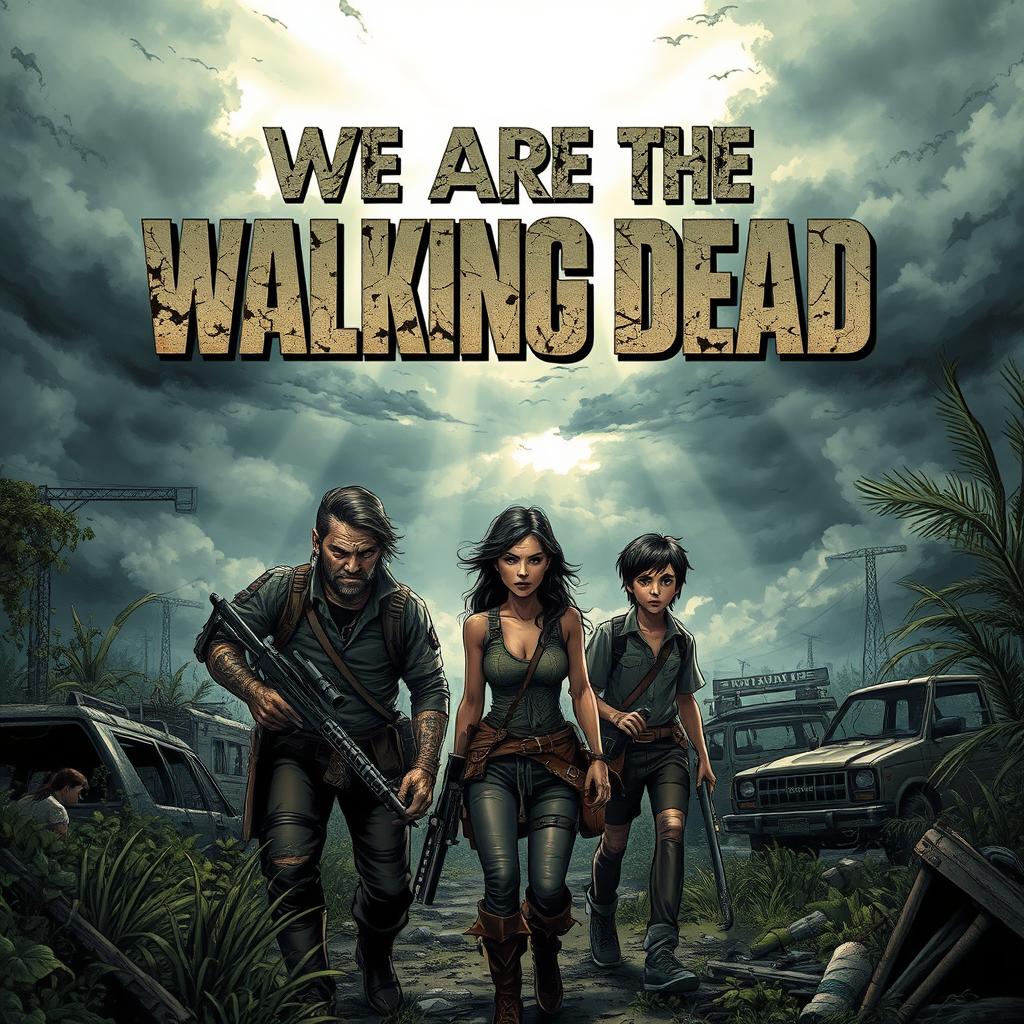 A captivating book cover illustration for 'We Are the Walking Dead', featuring a haunting, post-apocalyptic landscape
