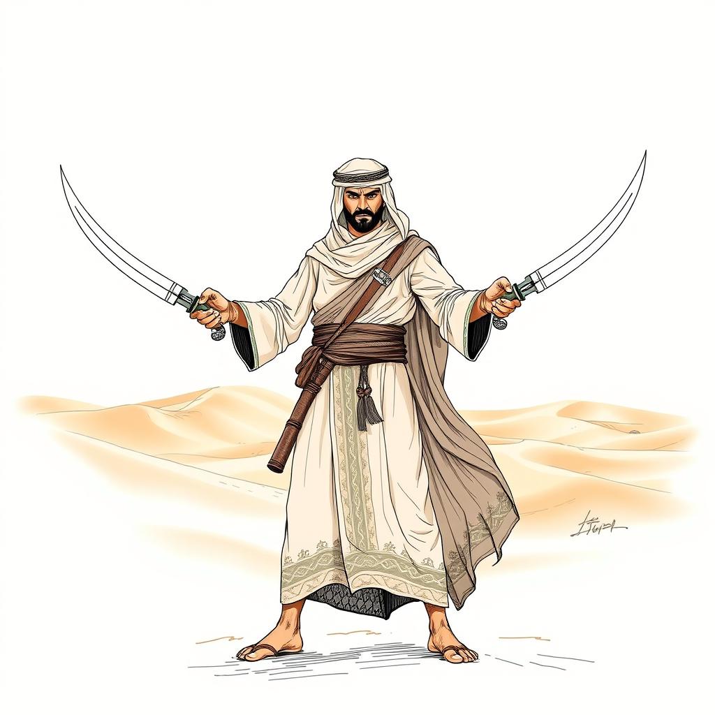A Bedouin warrior standing confidently in the expansive desert, dual-wielding two elegant schimitars
