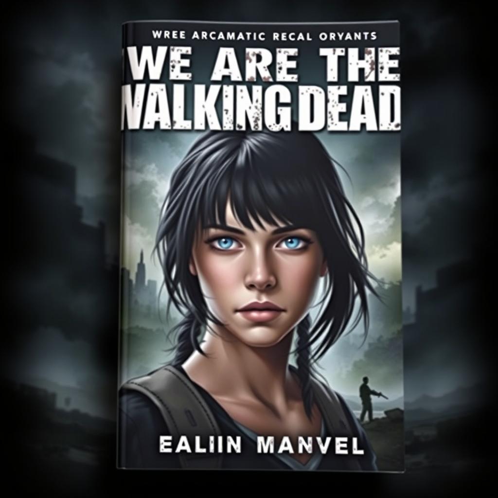 A book cover for a post-apocalyptic novel titled 'We Are the Walking Dead', featuring a realistic depiction of a girl with black hair, striking blue eyes, and fair skin