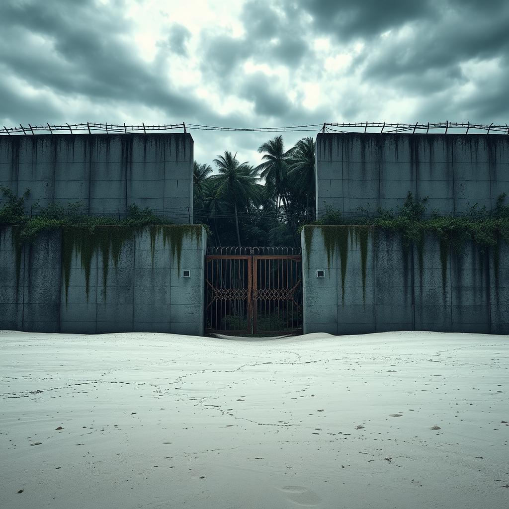 A realistic and darkly atmospheric scene depicting a distant view of an abandoned beach under an overcast sky