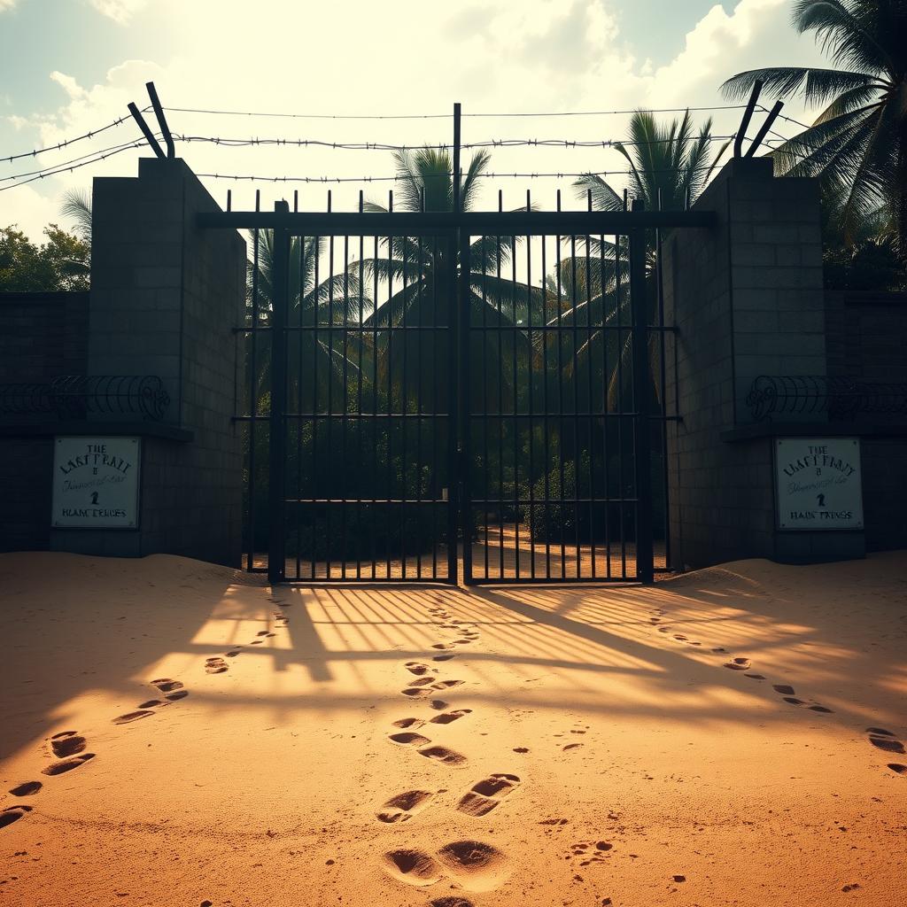 A massive, imposing iron prison gate topped with barbed wire, behind which are tropical trees partially illuminated by sunbeams