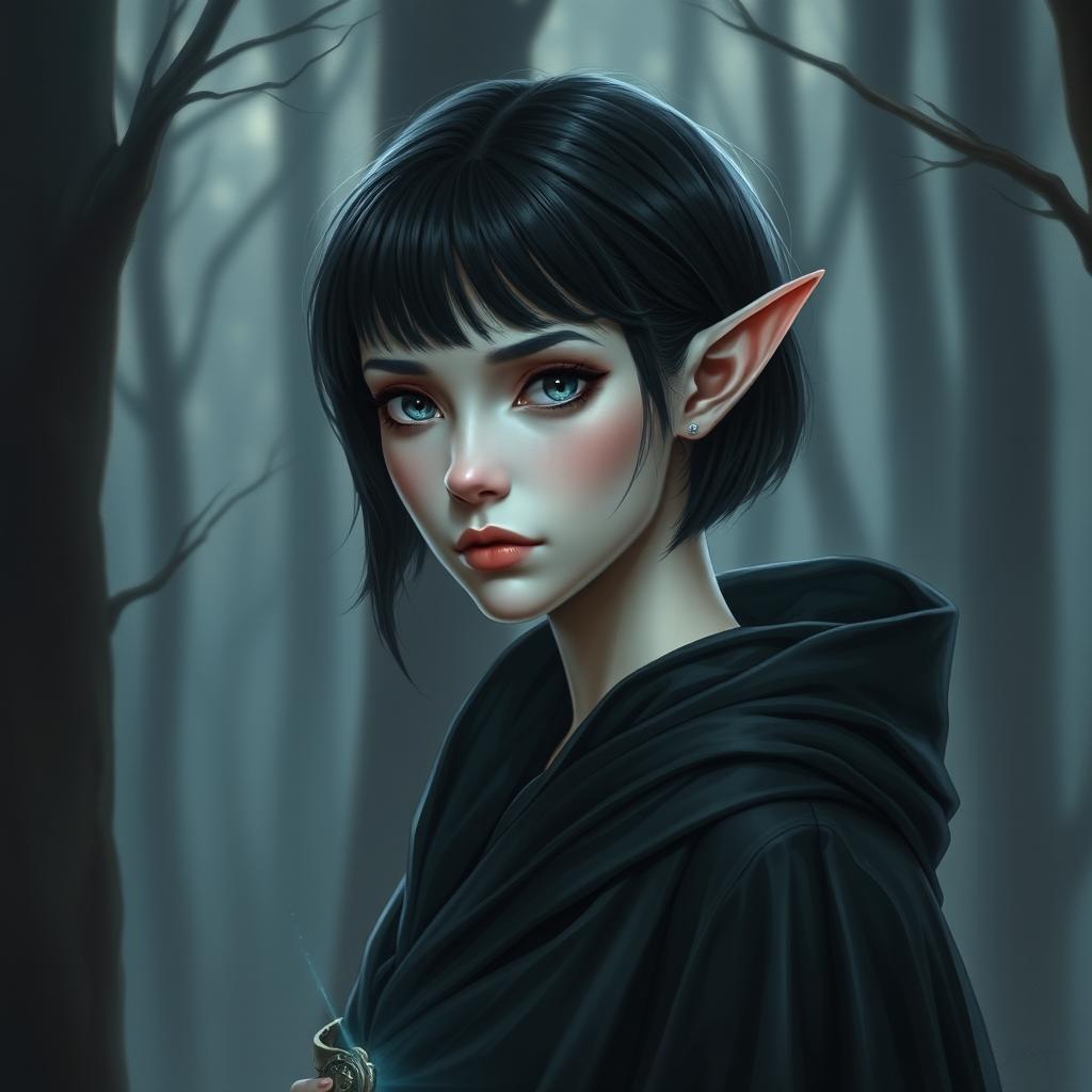 A detailed portrait of a female elf with pale skin that glows softly against the dimmed lighting of a forest