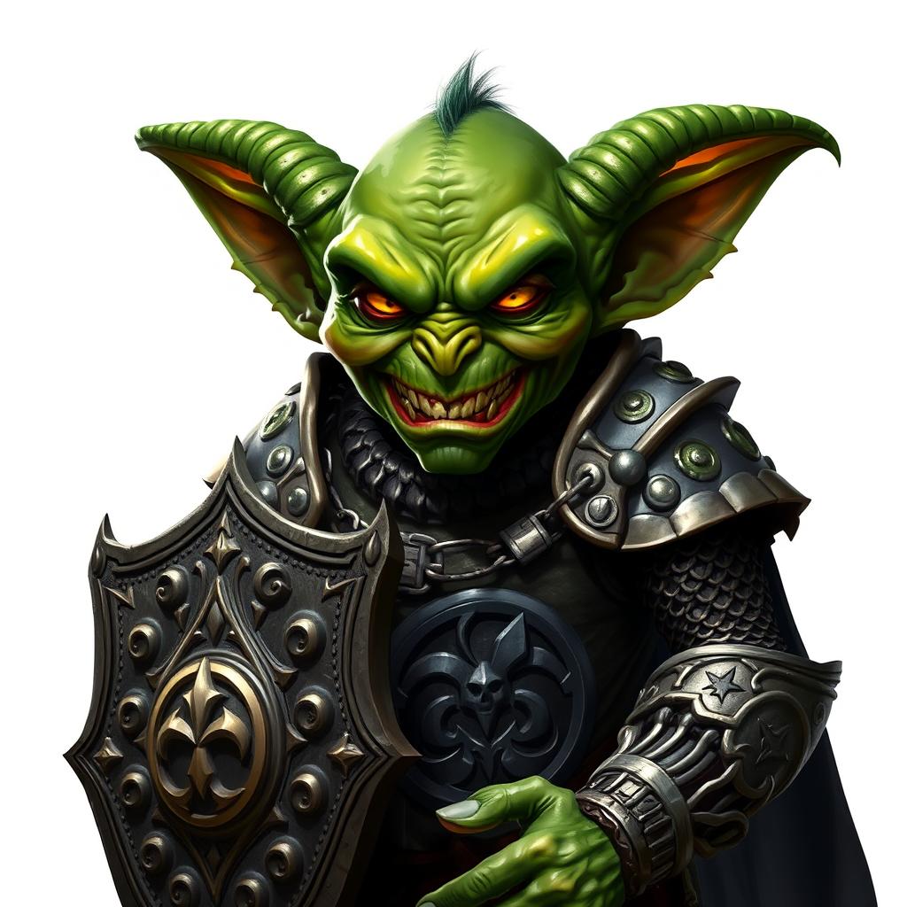 A malicious green-skinned hobgoblin with sharp, menacing features and a sinister expression