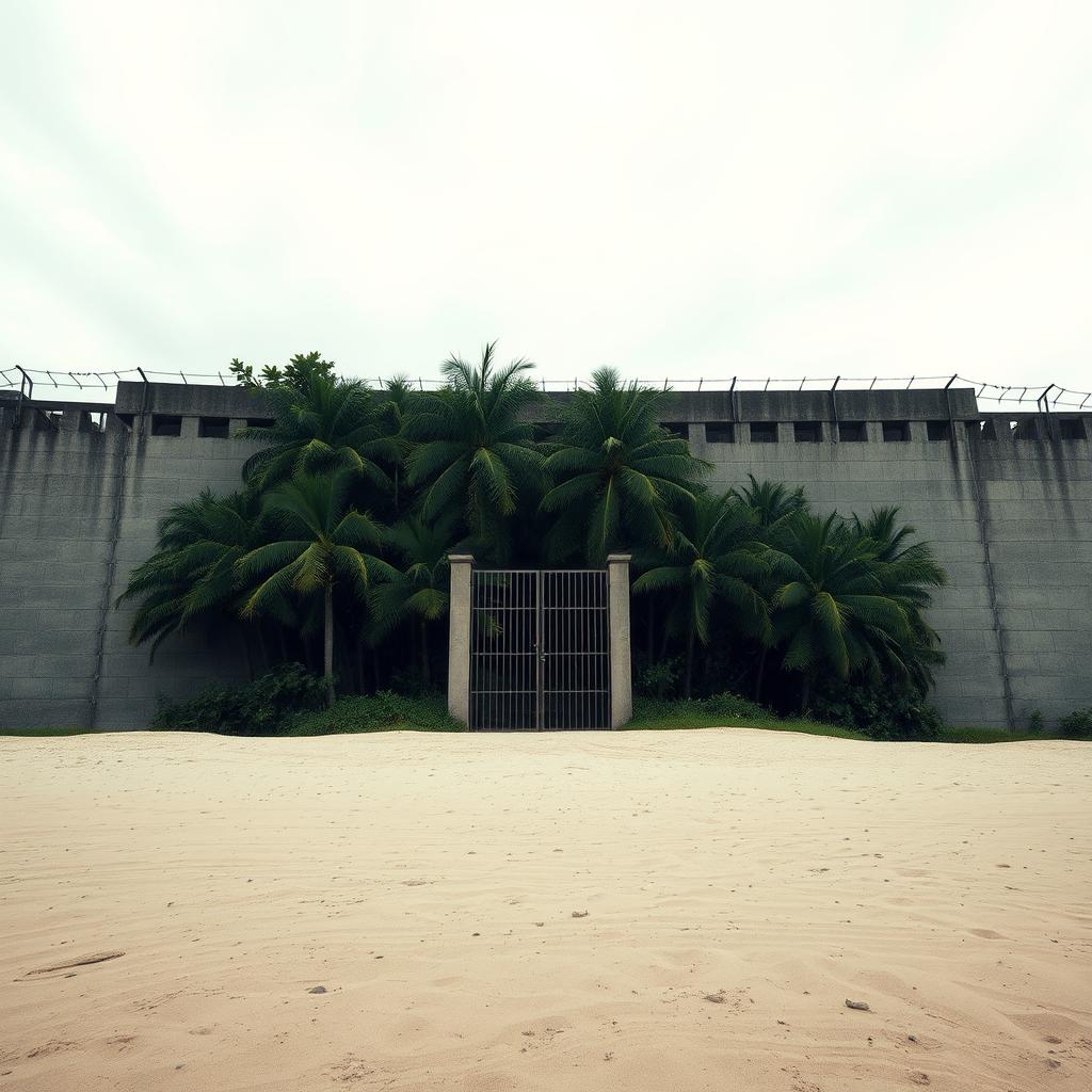 A distant view of a beach with fine sand, dominated by an enormous concrete wall resembling a prison or military barracks, topped with barbed wire