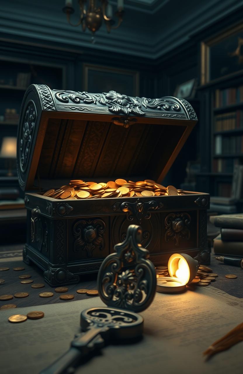 A mysterious scene inspired by Jane Austen's hidden histories, featuring an old treasure chest with intricate carvings, overflowing with gold coins that shine brightly under a soft spotlight