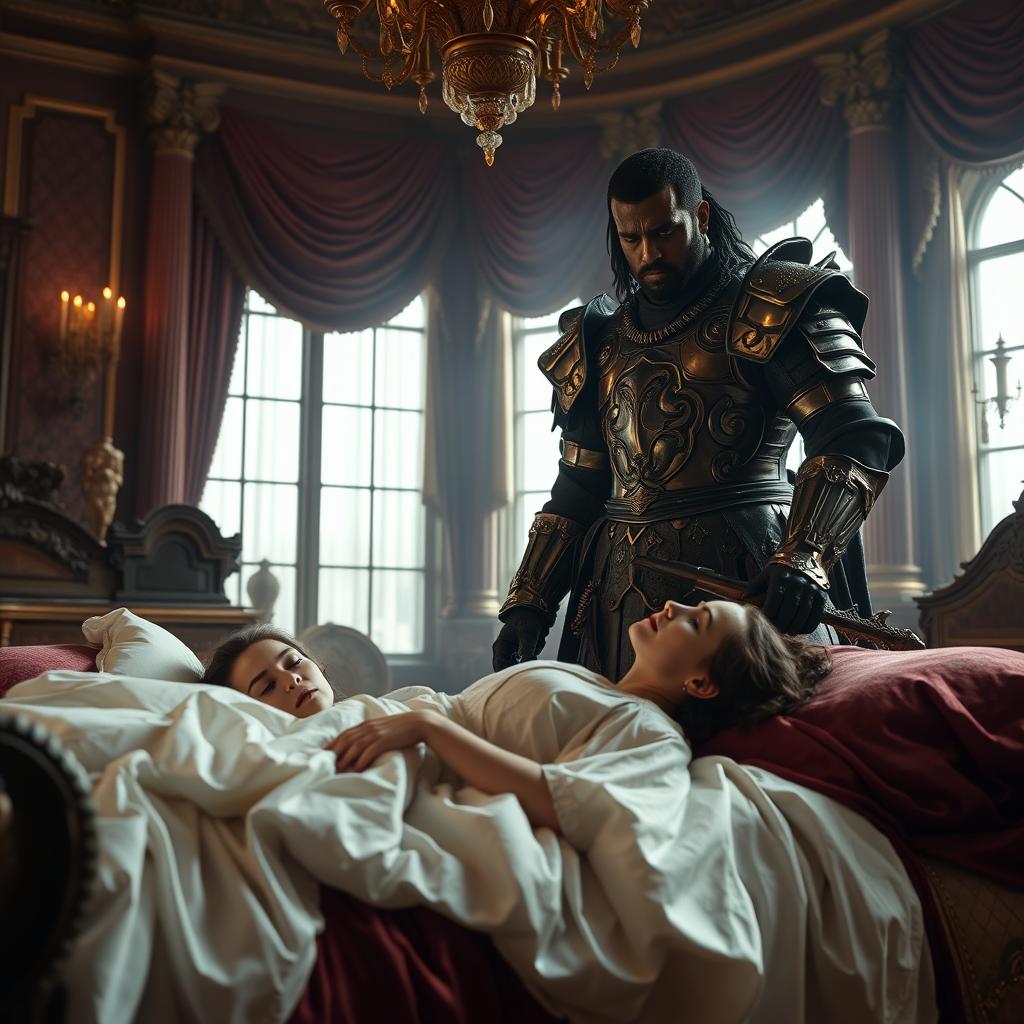 A wide shot of an opulent bedroom with luxurious furnishings and dramatic lighting