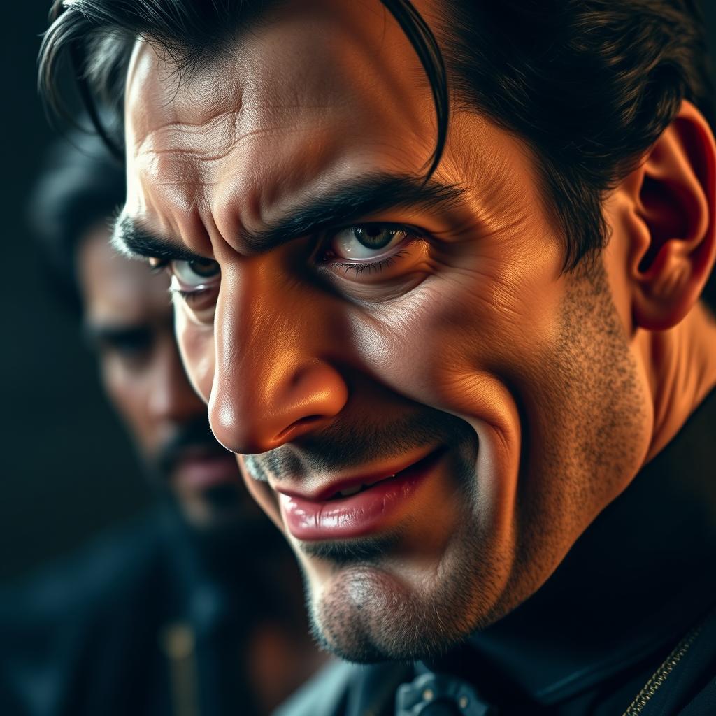A close-up of Iago's face featuring a sinister smirk, showcasing his cunning and manipulative nature, with sharp features and intense expression