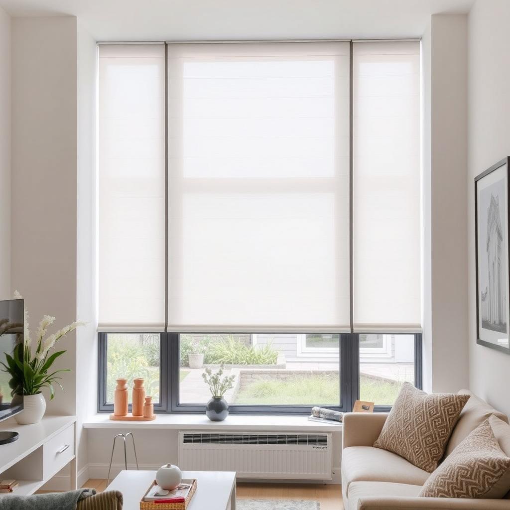 A modern interior room featuring a window with a white duplex blind that completely covers it, allowing for soft illumination while maintaining privacy