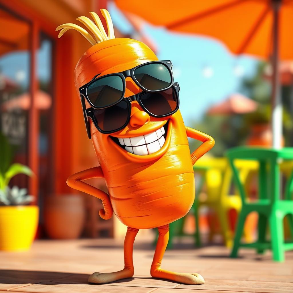 A cool and realistic portrayal of a carrot character with human-like hands and legs, confidently wearing stylish sunglasses and showing a big, bright smile with exceptionally white teeth