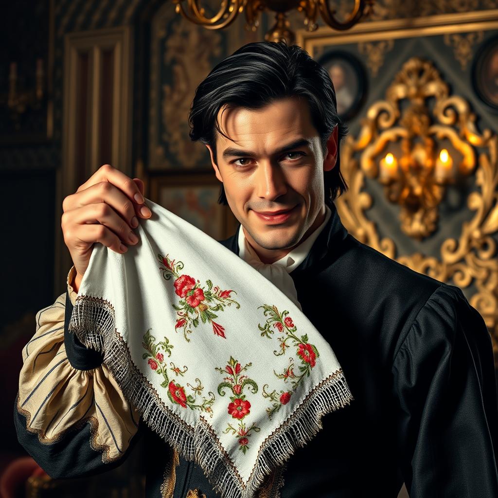 A dramatic scene featuring Iago from Shakespeare's Othello, holding up Desdemona's beautiful handkerchief