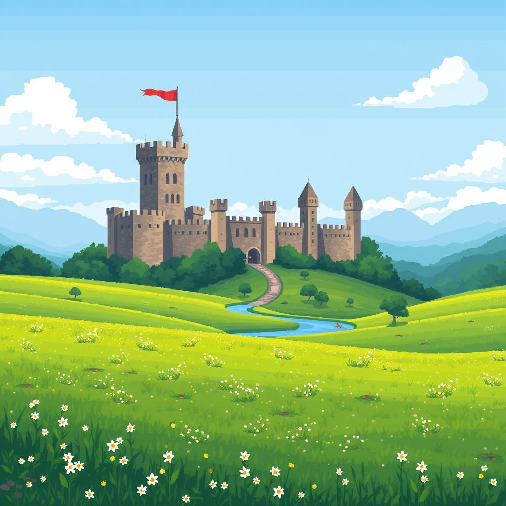 A pixel art landscape featuring a medieval castle in the background