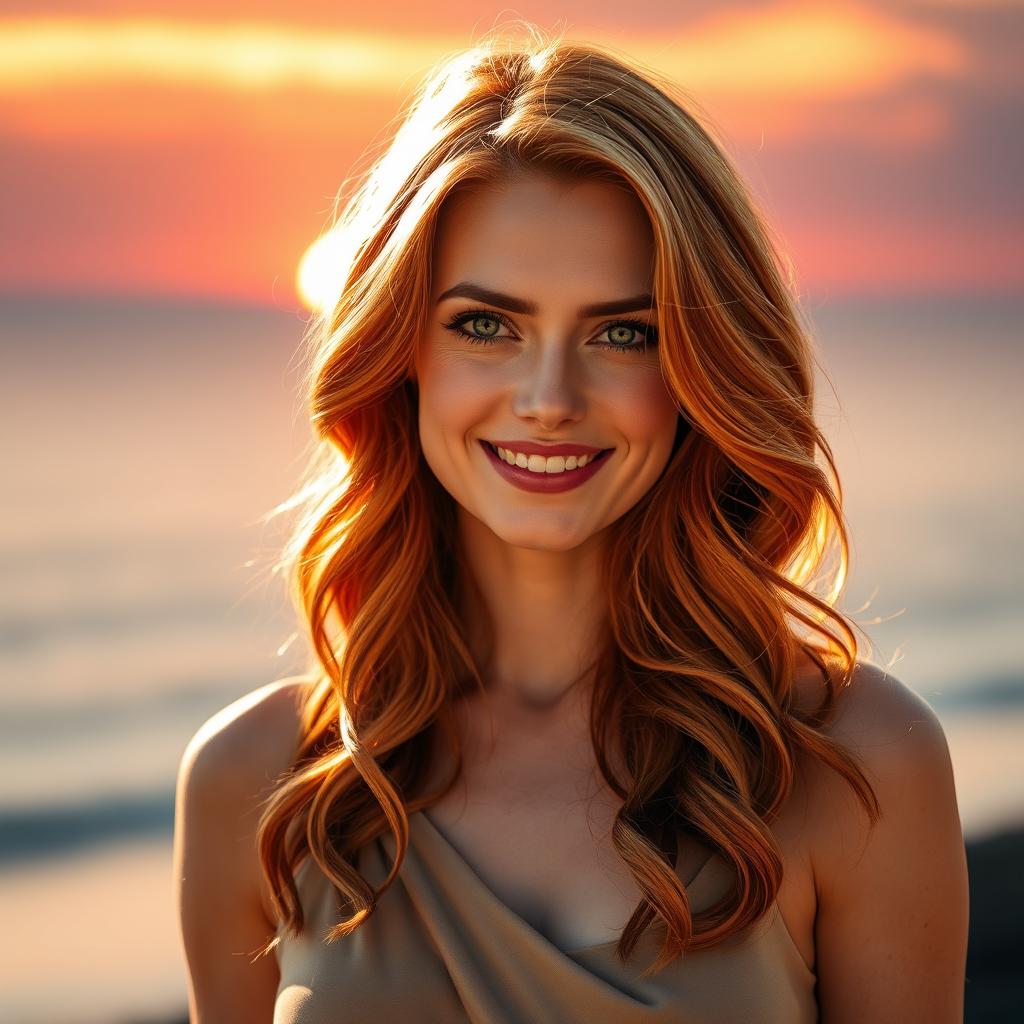 A stunning portrait of a woman with vibrant ginger hair that cascades down her shoulders, styled in loose waves